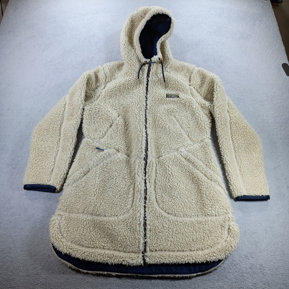 L.L.Bean Womens Sherpa Fleece Hooded Parka Cream S PET Longline Jacket
